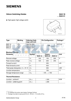 BAS19 datasheet - Silicon Switching Diodes (High-speed, high-voltage switch)