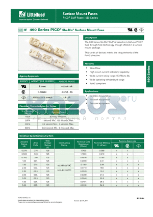 0460001ER datasheet - The 460 Series Slo-Blo^ SMF is based on Littelfuse PICO^ fuse through-hole technology, though offered in a surface mount package.