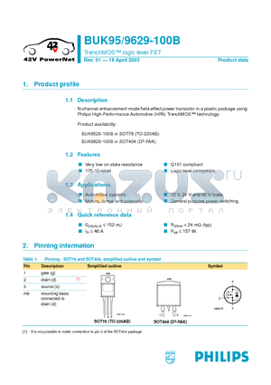 BUK9529-100B datasheet - TrenchMOS logic level FET