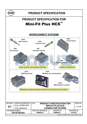 0460152002 datasheet - PRODUCT SPECIFICATION FOR Mini-Fit Plus HCS