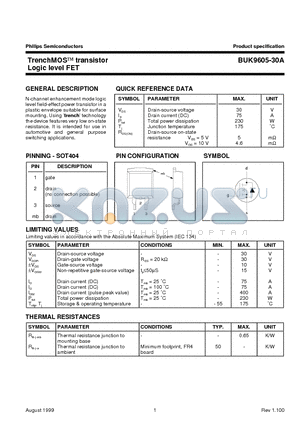 BUK9605-30A datasheet - TrenchMOS transistor Logic level FET
