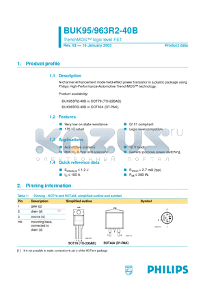 BUK95R2-40B datasheet - TrenchMOS logic level FET