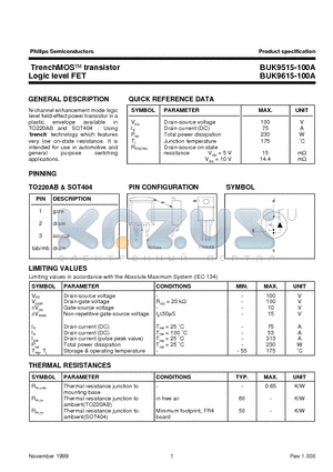 BUK9615-100A datasheet - N-Channel Enhancement mode logic Level field-Effect power Transistor