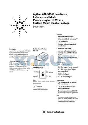 ATF54143 datasheet - Low Noise Enhancement Mode Pseudomorphic HEMT in a Surface Mount Plastic Package