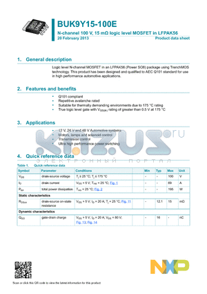 BUK9Y15-100E datasheet - N-channel 100 V, 15 mY logic level MOSFET in LFPAK56