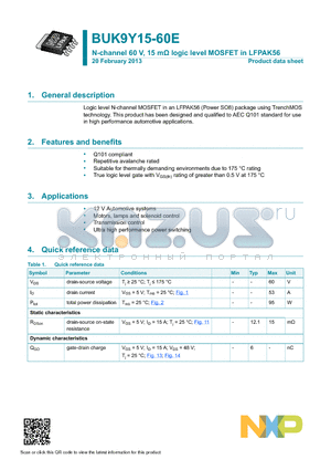 BUK9Y15-60E datasheet - N-channel 60 V, 15 mY logic level MOSFET in LFPAK56