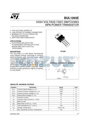 BUL1203 datasheet - HIGH VOLTAGE FAST-SWITCHING NPN POWER TRANSISTOR