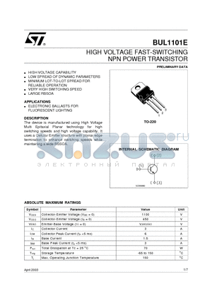 BUL1101E datasheet - HIGH VOLTAGE FAST-SWITCHING NPN POWER TRANSISTOR