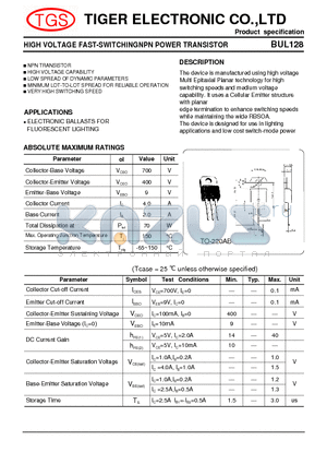 BUL128 datasheet - HIGH VOLTAGE FAST-SWITCHINGNPN POWER TRANSISTOR