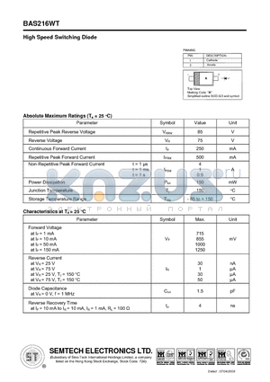 BAS216WT datasheet - High Speed Switching Diode