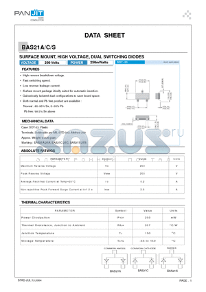 BAS21A datasheet - SURFACE MOUNT, HIGH VOLTAGE, DUAL SWITCHING DIODES