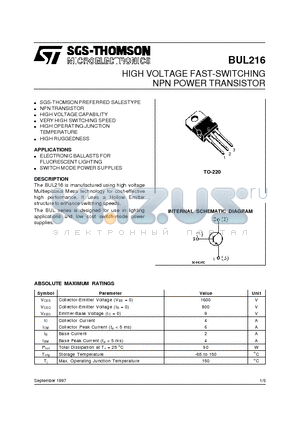 BUL216 datasheet - HIGH VOLTAGE FAST-SWITCHING NPN POWER TRANSISTOR