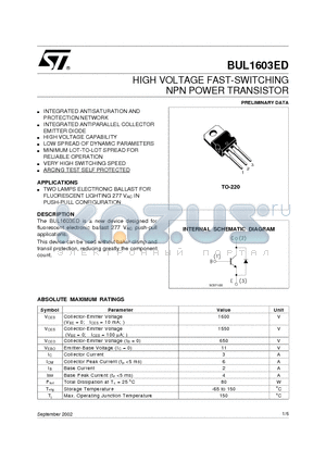 BUL1603ED datasheet - HIGH VOLTAGE FAST-SWITCHING NPN POWER TRANSISTOR