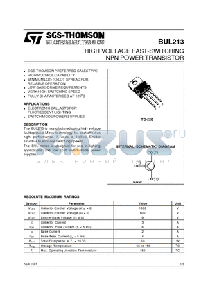 BUL213 datasheet - HIGH VOLTAGE FAST-SWITCHING NPN POWER TRANSISTOR