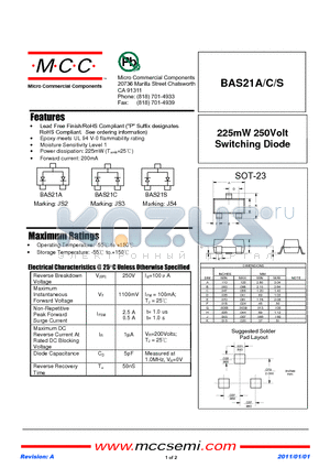 BAS21A datasheet - 225mW 250Volt Switching Diode