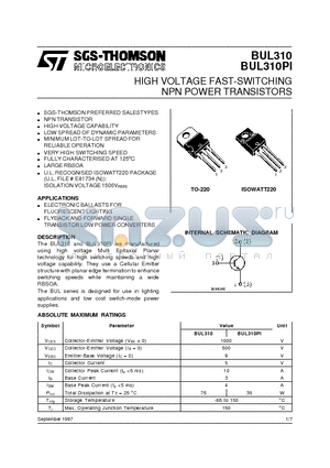 BUL310 datasheet - HIGH VOLTAGE FAST-SWITCHING NPN POWER TRANSISTORS