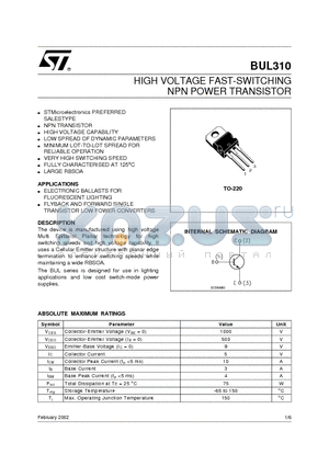 BUL310 datasheet - HIGH VOLTAGE FAST-SWITCHING NPN POWER TRANSISTOR