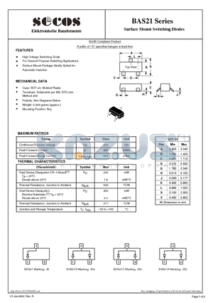 BAS21 datasheet - Surface Mount Switching Diodes