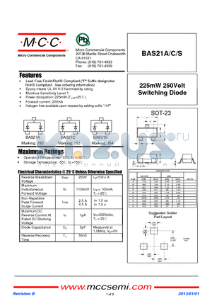 BAS21A_13 datasheet - 225mW 250Volt Switching Diode