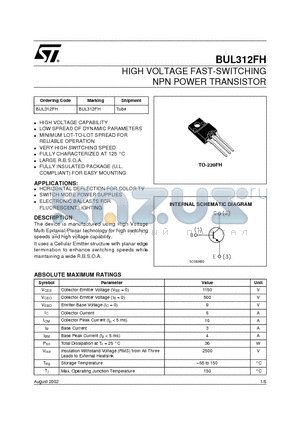 BUL312FH datasheet - HIGH VOLTAGE FAST-SWITCHING NPN POWER TRANSISTOR