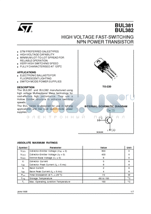 BUL381 datasheet - HIGH VOLTAGE FAST-SWITCHING NPN POWER TRANSISTOR