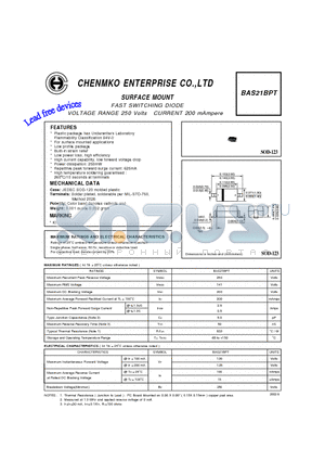 BAS21BPT datasheet - FAST SWITCHING DIODE VOLTAGE RANGE 250 Volts CURRENT 200 mAmpere