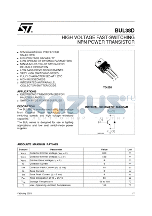 BUL38D_03 datasheet - HIGH VOLTAGE FAST-SWITCHING NPN POWER TRANSISTOR