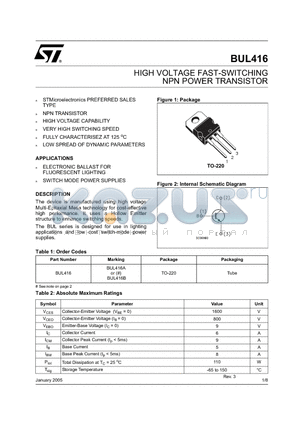 BUL416B datasheet - HIGH VOLTAGE FAST-SWITCHING NPN POWER TRANSISTOR