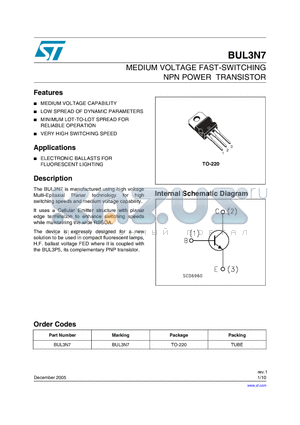 BUL3N7 datasheet - MEDIUM VOLTAGE FAST-SWITCHING NPN POWER TRANSISTOR