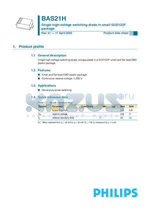 BAS21H datasheet - Single high-voltage switching diode in small SOD123F package