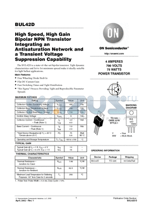 BUL42D datasheet - 4 AMPERES 700 VOLTS 75 WATTS POWER TRANSISTOR