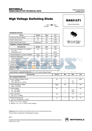 BAS21LT1 datasheet - High Voltage Switching Diode