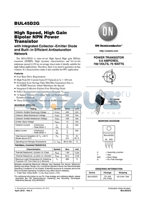 BUL45D2G datasheet - High Speed, High Gain Bipolar NPN Power Transistor