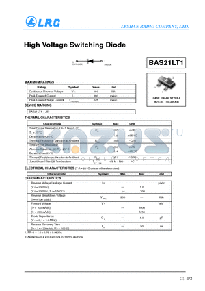 BAS21LT1 datasheet - High Voltage Switching Diode