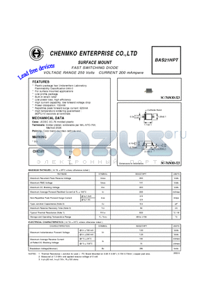 BAS21HPT datasheet - FAST SWITCHING DIODE VOLTAGE RANGE 250 Volts CURRENT 200 mAmpere
