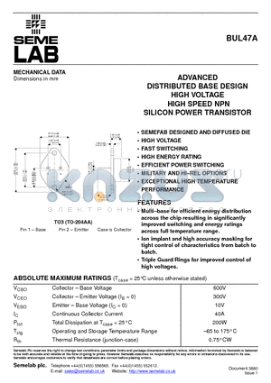 BUL47A datasheet - ADVANCED DISTRIBUTED BASE DESIGN HIGH VOLTAGE HIGH SPEED NPN SILICON POWER TRANSISTOR