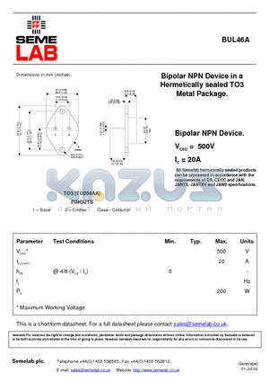 BUL46A datasheet - Bipolar NPN Device in a Hermetically sealed TO3