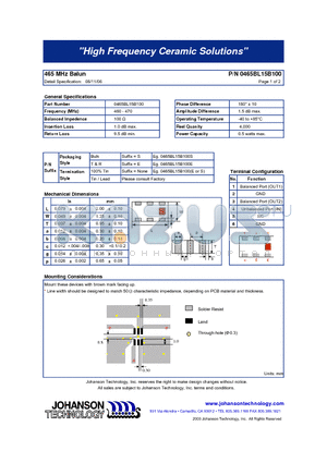 0465BL15B100S datasheet - 465 MHz Balun