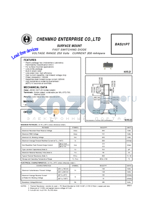 BAS21PT datasheet - FAST SWITCHING DIODE VOLTAGE RANGE 250 Volts CURRENT 200 mAmpere