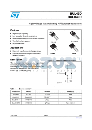 BUL49DFP datasheet - High voltage fast-switching NPN power transistors