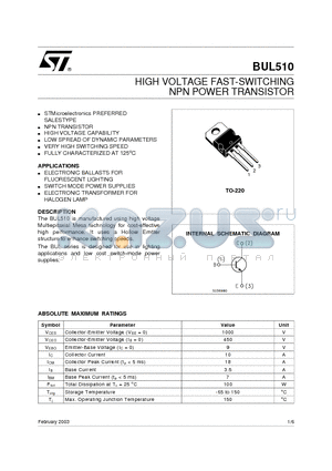 BUL510_03 datasheet - HIGH VOLTAGE FAST-SWITCHING NPN POWER TRANSISTOR