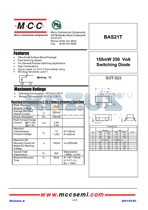 BAS21T datasheet - 150mW 250 Volt Switching Diode