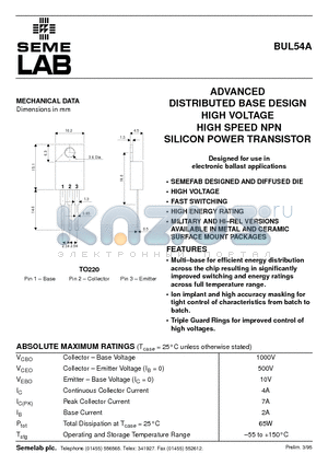 BUL54A datasheet - ADVANCED DISTRIBUTED BASE DESIGN HIGH VOLTAGE HIGH SPEED NPN SILICON POWER TRANSISTOR
