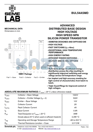 BUL54ASMD datasheet - ADVANCED DISTRIBUTED BASE DESIGN HIGH VOLTAGE HIGH SPEED NPN SILICON POWER TRANSISTOR