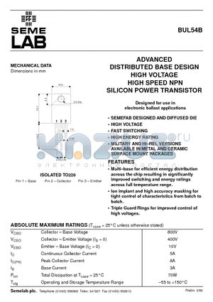 BUL54B datasheet - ADVANCED DISTRIBUTED BASE DESIGN HIGH VOLTAGE HIGH SPEED NPN SILICON POWER TRANSISTOR