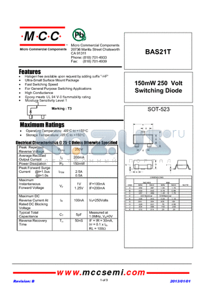 BAS21T_13 datasheet - 150mW 250 Volt Switching Diode