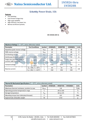 1N5826 datasheet - Schottky Power Diode, 15A