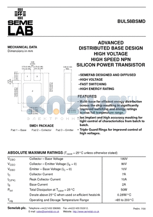 BUL58BSMD datasheet - ADVANCED DISTRIBUTED BASE DESIGN HIGH VOLTAGE HIGH SPEED NPN SILICON POWER TRANSISTOR