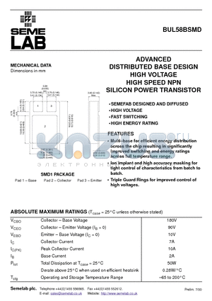 BUL58 datasheet - ADVANCED DISTRIBUTED BASE DESIGN HIGH VOLTAGE HIGH SPEED NPN SILICON POWER TRANSISTOR