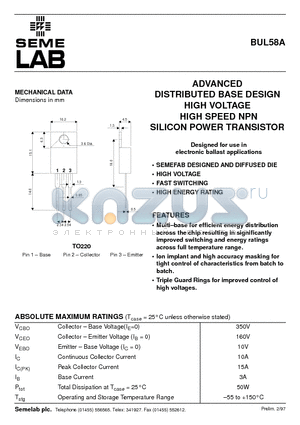 BUL58A datasheet - ADVANCED DISTRIBUTED BASE DESIGN HIGH VOLTAGE HIGH SPEED NPN SILICON POWER TRANSISTOR